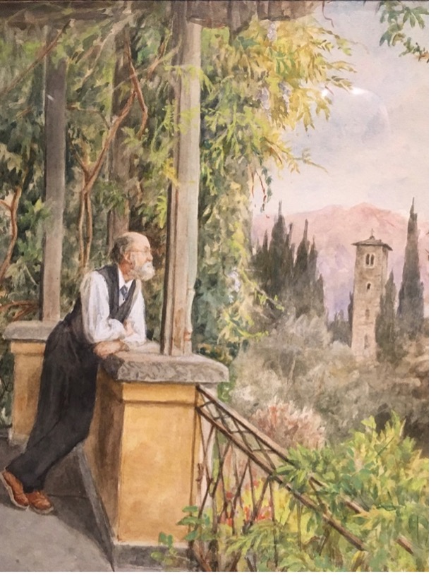 A man with white beard, shirt and black vest and trousers leaning on a terrace railing, surrounded by greenery, gazing at distant cypress trees, a tower, and mountains under an open sky. Painting.