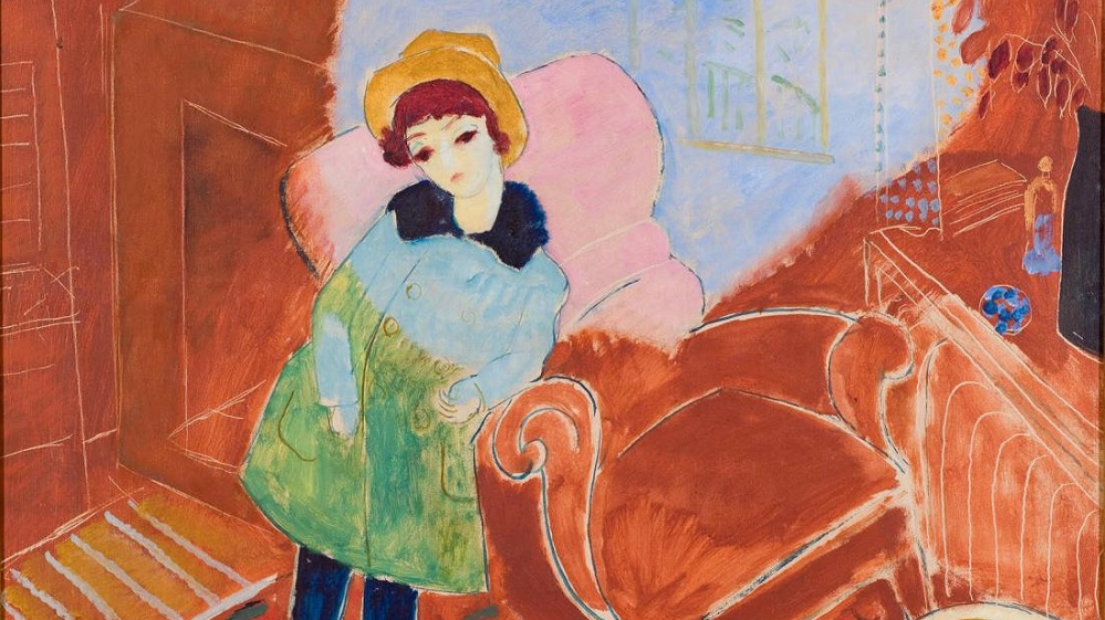 A girl wearing a green and blue coat and a yellow hat. Painting. 