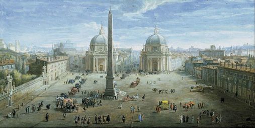 Painting of a large urban square with a high monument surrounded by buildings.