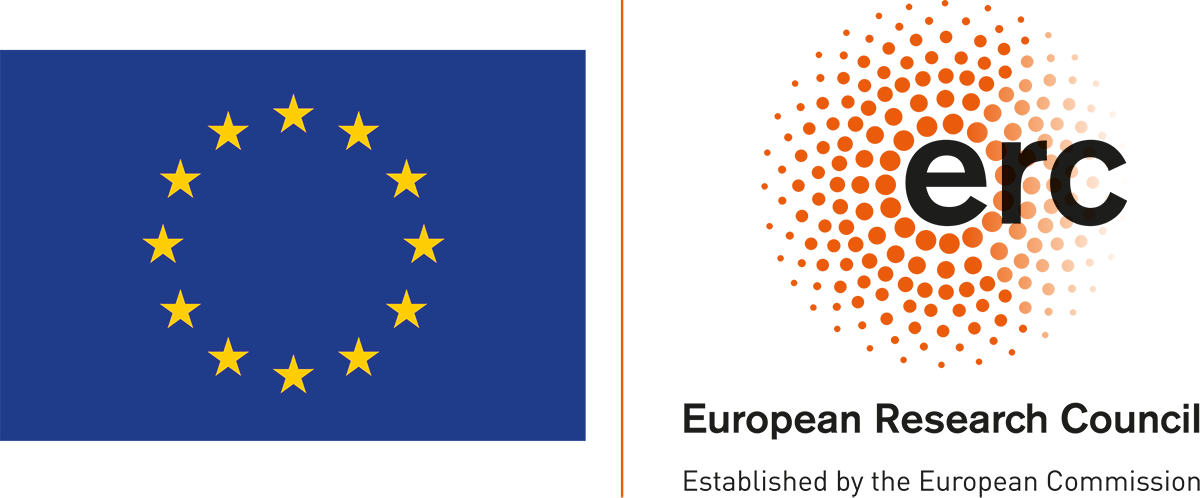 EU logo with 13 yellow stars in a circle on a blue background. And ERC logo with the letters ERC and orange points in a circle.  .