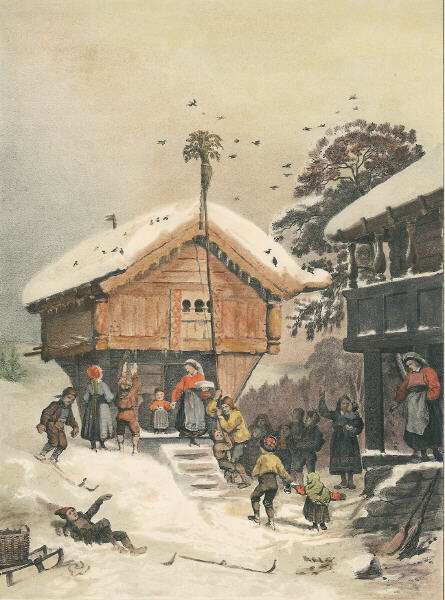 A classic Norwegian farm building with traditionally clad people celebrating and playing in the snow. 