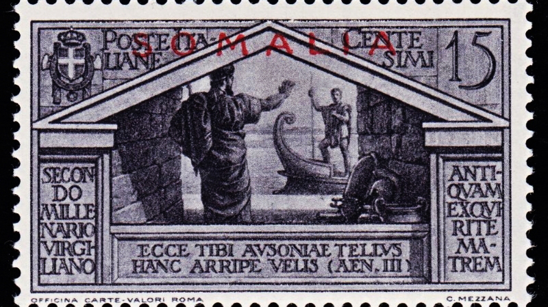 Two men greeting each other at and old Italian stamp.