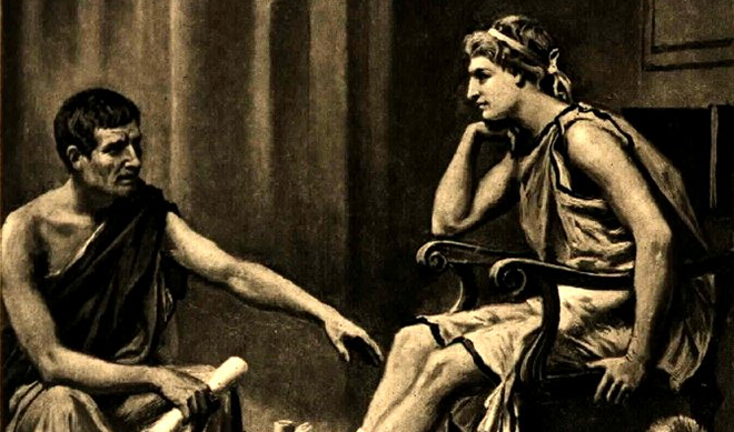 Aristoteles sammen med sin elev Aleksander den store.
