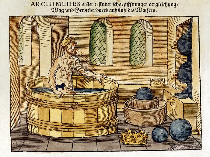 A man sits in a bathtub. Around him are cannonballs and crowns of gold. Illustration