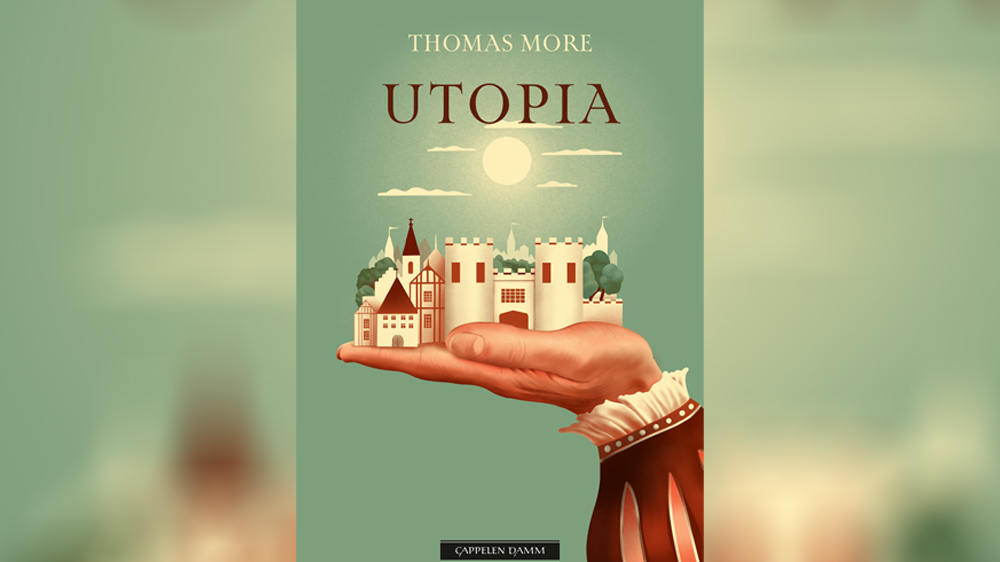 En hånd holder et middelalderlandsby. Over vises en sol og noen skyer samt teksten "Thomas More, Utopia". Illustrasjon.