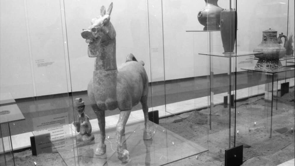 Horse-like figure displayed in a museum case. Photo.