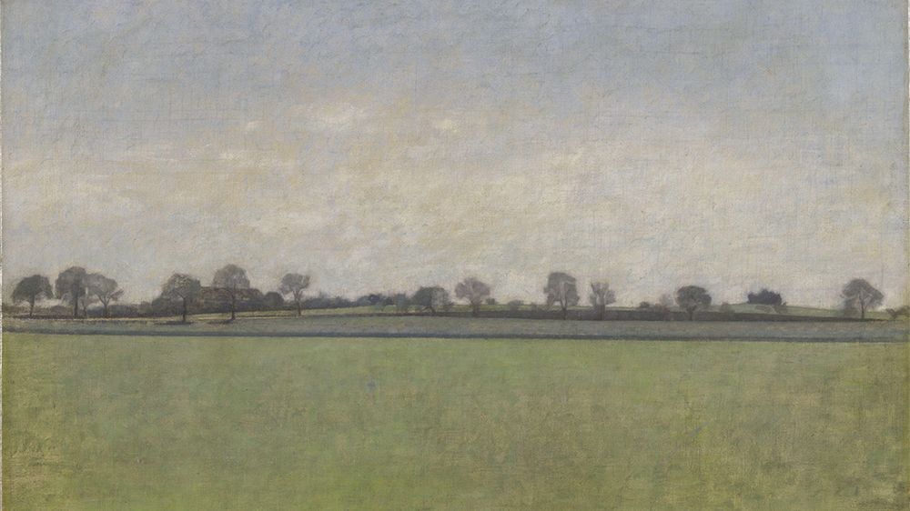 A field, trees on the horizon and gray skies. Landscape painting.