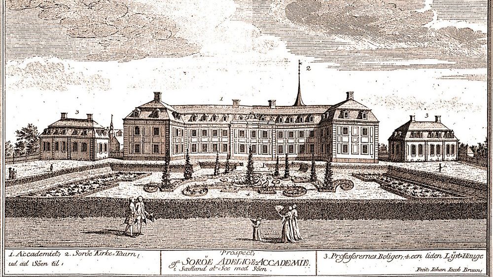 Gammel illustrasjon av Sorø akademi med hageanlegg.