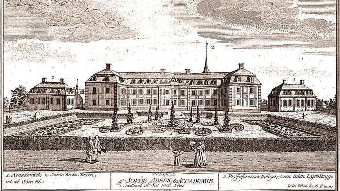 Gammel illustrasjon av Sorø akademi med hageanlegg.