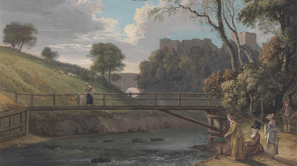 Three women are by the river bank. One woman takes a picture, using a camera obscura, of a woman and child walking over a wooden bridge. Landscape painting.