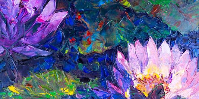 Beautiful lotus flowers and many colours. Painting.