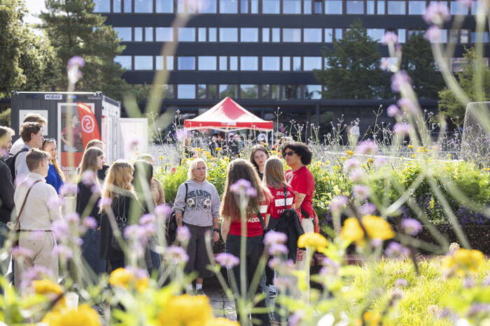 En gruppe studenter står på en plass på campus og snakker sammen. I bakgrunnen er en bygning samt en stand for SiO.