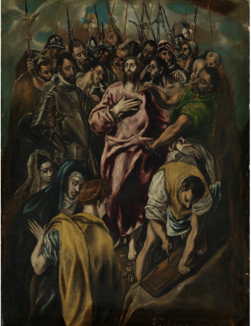 En folkemengde i kjortler tett i tett med Jesus i midten. Mørke, duse farger. Maleri.