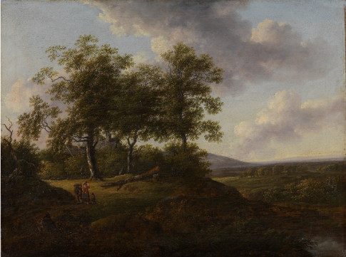 Tre grønne trær og en blå-grå himmel. I forgrunnen står tre-fire små mennesker. Maleri.