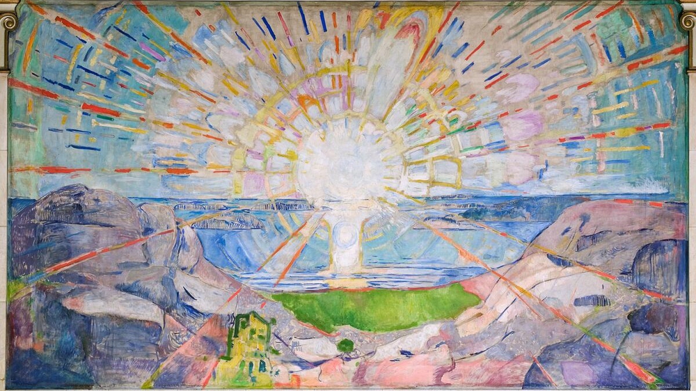 Utsnitt av Edvard Munchs Solen. Bildet viser solen som stiger opp over en skjærgård.