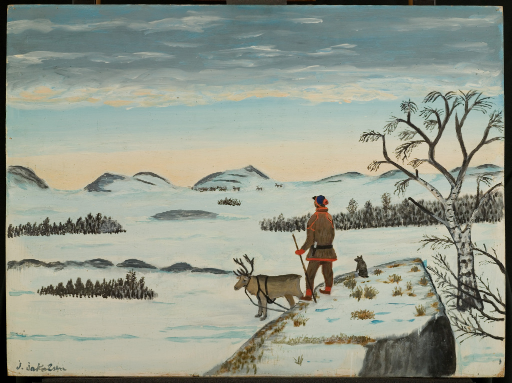 En mann i samedrakt og et reinsdyr som ser utover et vinterlandskap. Maleri.