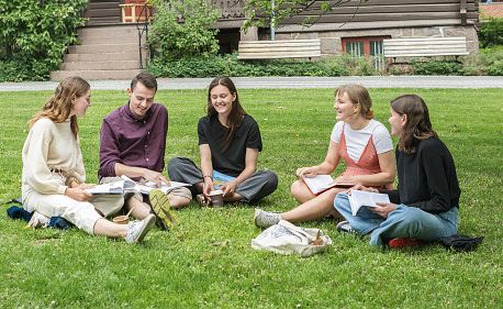 Fem blide studenter med bøker sitter i ring på en gressplen. Foto.