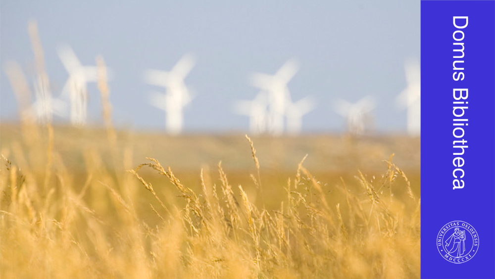 The image shows a field of cereals, likely wheat, against a background of blurry windmills on the horizon.