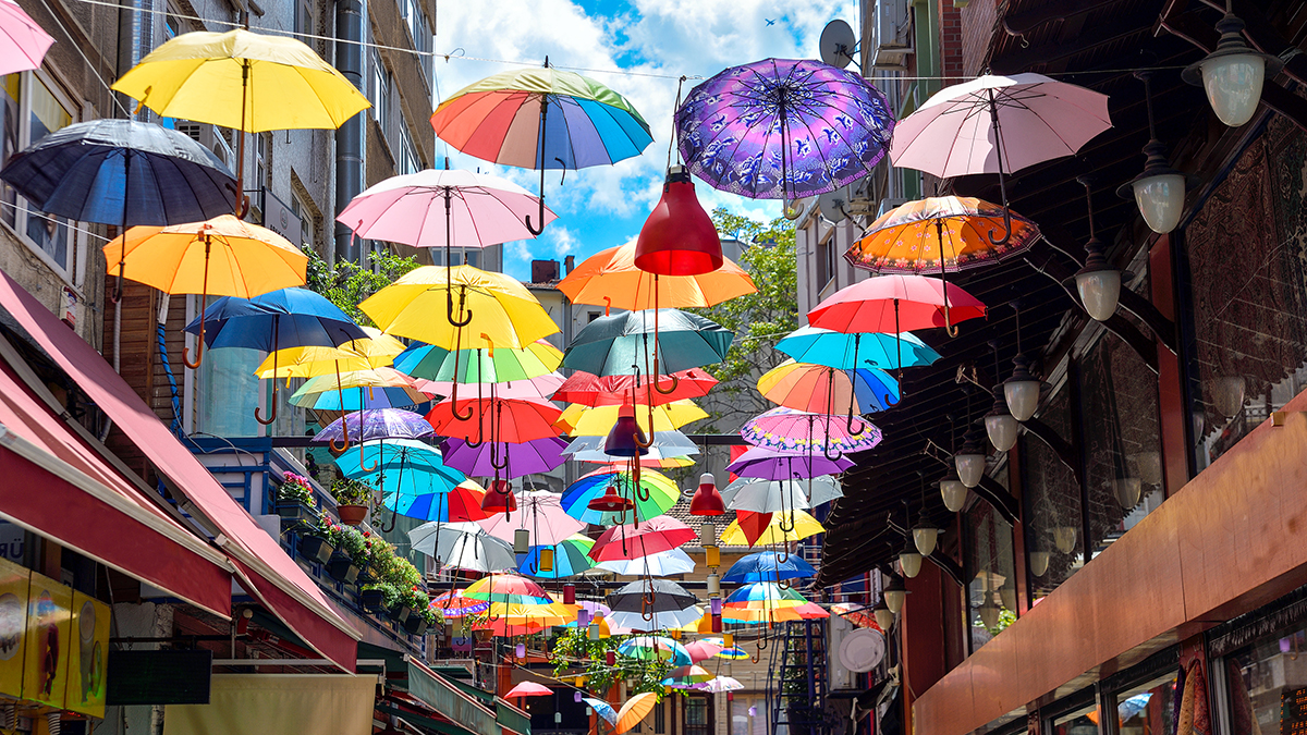 Colorful Umbrellas hanging over a street in Istanbul. Photo.