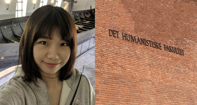 Doctoral candidate Olivia Yijian Liu, wall with text "Det humanistiske fakultet"