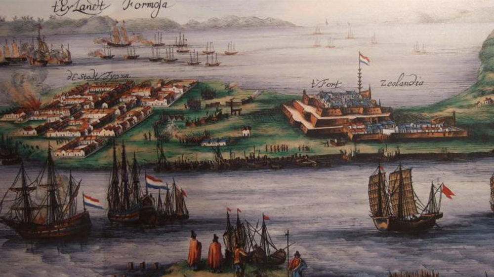 The image contains a drawing of ships and an island with a castle and a small town, all not to scale.
