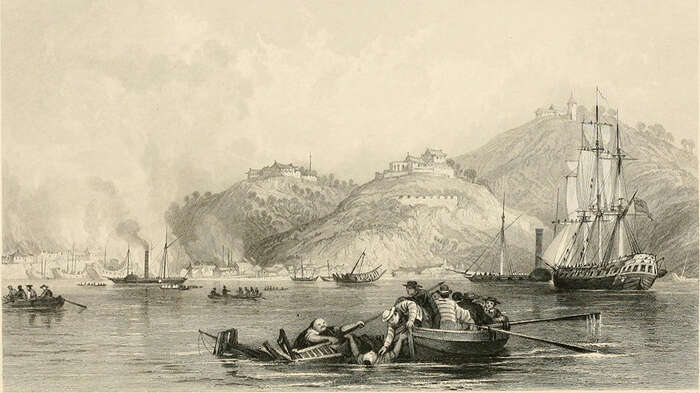 An old painting with sail ships and other boats close to the shore.