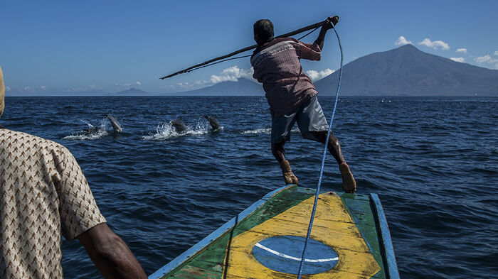 Two men on a boat hunting a whale in the sea.