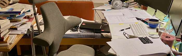 A chaotic office.