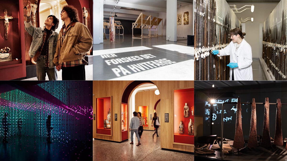 Kollasje med seks fotografier som viser ulike museer med og uten mennesker. 