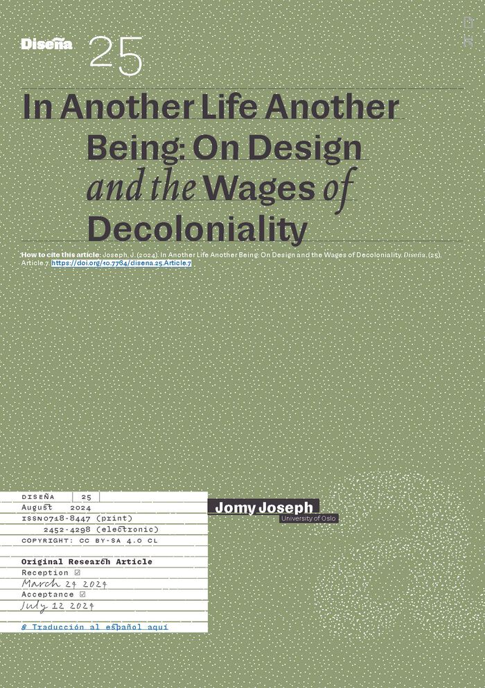 Front page of the academic paper "In Another Life Another Being: On Design and the Wages of Decoloniality". 