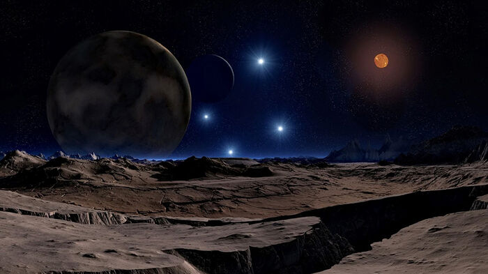 A night sky of stars and a moon over a barren landscape. Photo.