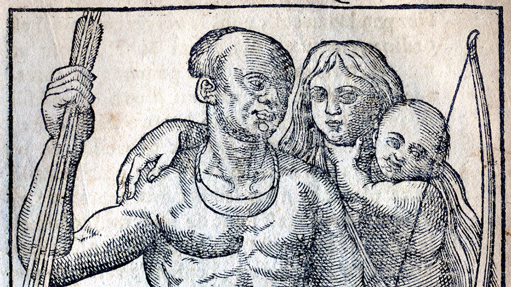 An old drawing of a family with a father, a mother and child. 