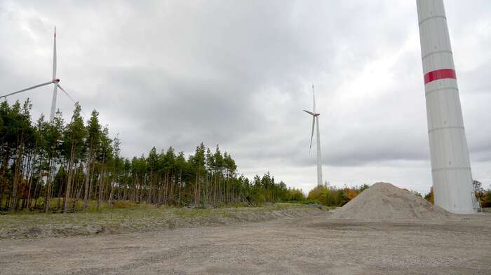 Wind turbines beside a forest under a cloudy sky.