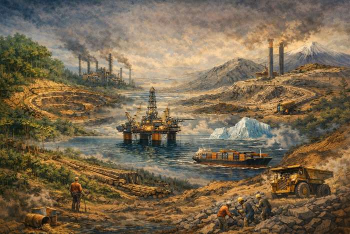 Painting of an oil platform in a lake, surrounded by a collage of extractive activities.