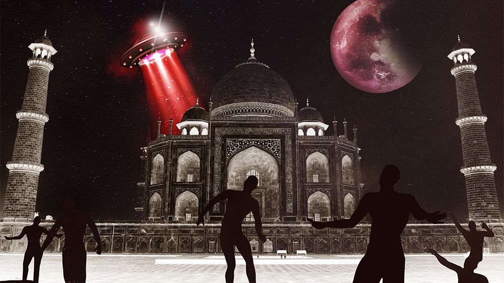 A mausoleum surrounded by a big moon and light beam from a UFO.  Dark human figures in front of the mausoleum. Illustration