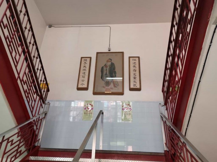 Traditional staircase and picture of Confucius welcoming the visitors. Photo by the author.