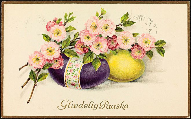 Postkort med påskeegg og blomster.