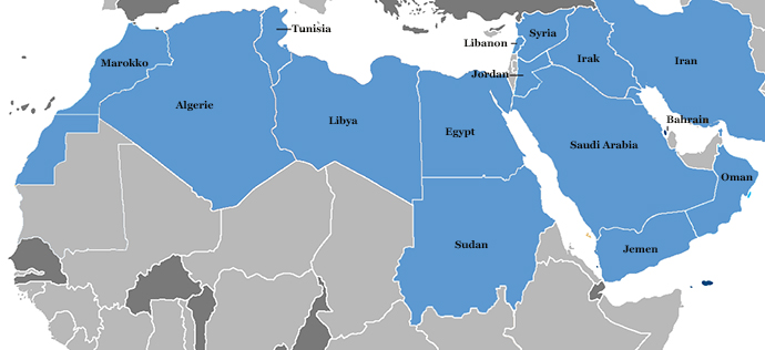 Kart over land berørt av den arabiske våren.