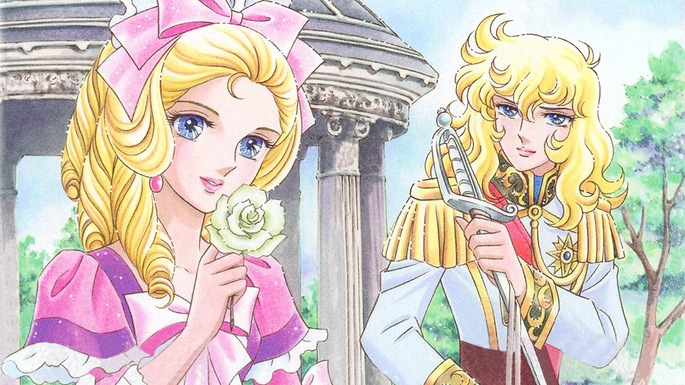 A woman with blonde hair is holding a rose. A man with blonde hair stands in the background holding a sword. He is looking at the woman. Illustration.
