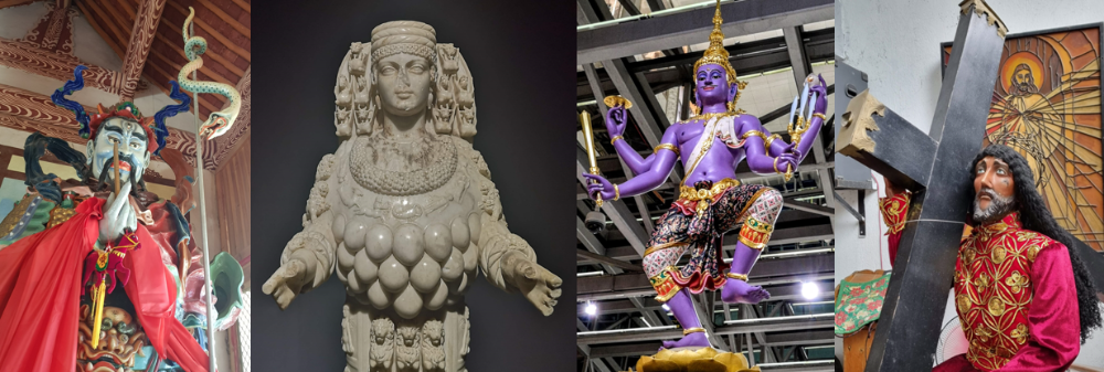 Fire forskjellige religiøse statuer.