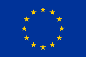 EU-logo med 13 stjerner i sirkel på blå bakgrunn.