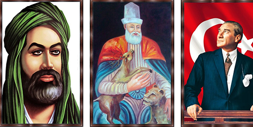 Three portaits in frames. Alevi, Bektasilik and Ataturk. Illustration.