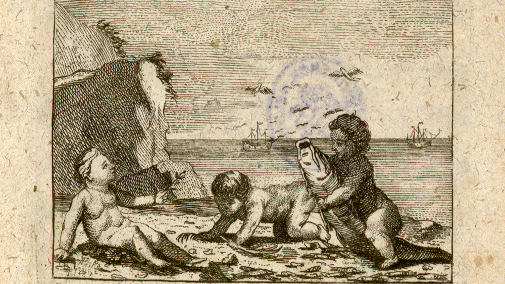 Illustrasjon fra et gammelt tidsskrift av tre barn på en strand, hvorav en bærer en fisk.