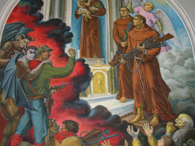 Et kirkebygg der munker står ved alteret bærende på våpen og folk som hyller dem. En sint, bevæpnet soldat til høyre i bildet som er omfavnet av djevelen. Maleri.