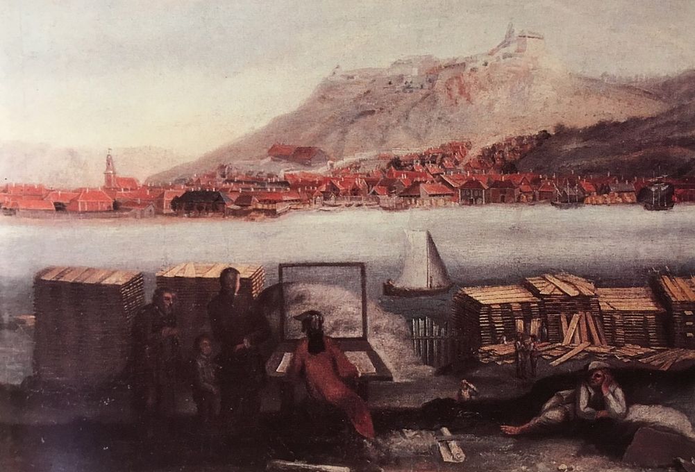 Soldiers looking at Halden at the other side of the fjord. Painting.