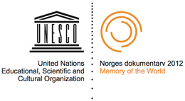 To logoer, en der det står "UNESCO. United nations Educational, Scientific and Cultural Organization" og en sirkelformet der det står "Norges dokumentarkiv. Memory of the world".