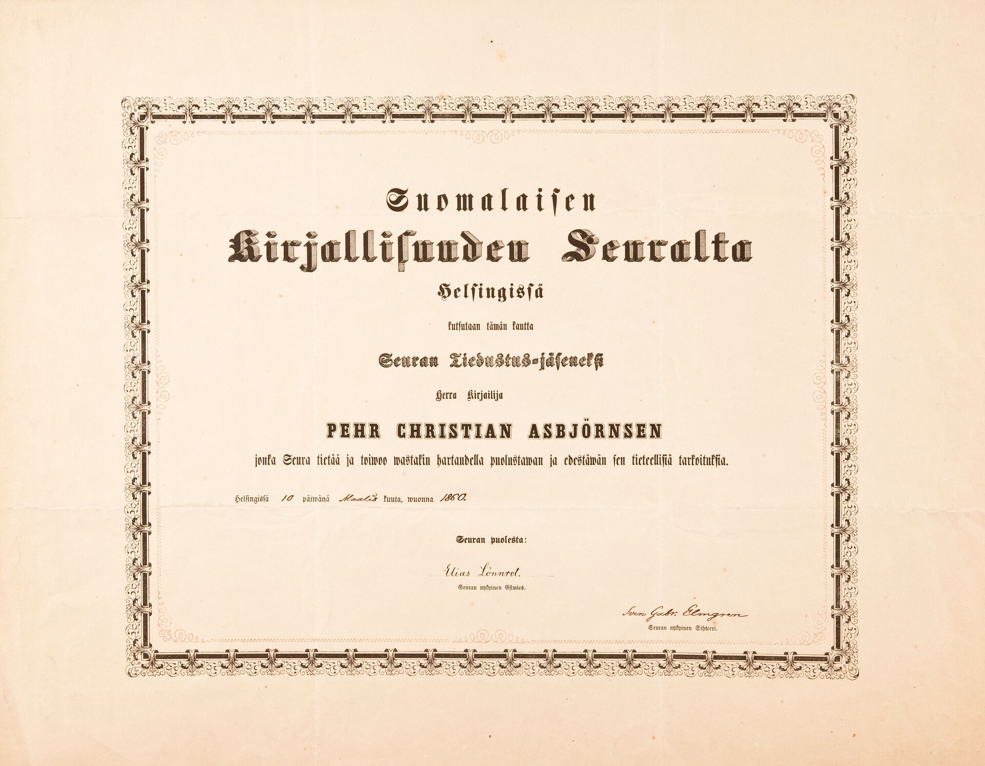 Fra Det finske litteraturselskapet i Helsingfors 1860, undertegnet Elias Lönnerot