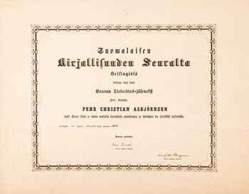 Fra Det finske litteraturselskapet i Helsingfors 1860, undertegnet Elias Lönnerot
