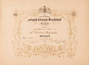 Medlem av det keiserlige kongelige selskap for zoologi og botanik i Wien oktober 1863 ”Die Kaiserlich königliche zoologsiche botanische Gesellschaft in Wien ernennt den wohlgeboren Hernn P Christen Asbjørnsen als Mitglied” Diplomet er signert selskapets president Josef Colloredo-Mannsfeldt.