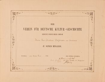 Medlem av det tyske selskap for kulturhistorie i Weimar: Der Verein für Deutche Kultur-Geschichte erkennt durch dieses diplom Herrn Peter Christian Asbjørnsen aus Christiania zu seinem mitgliede. Weimar 22.juni 1858